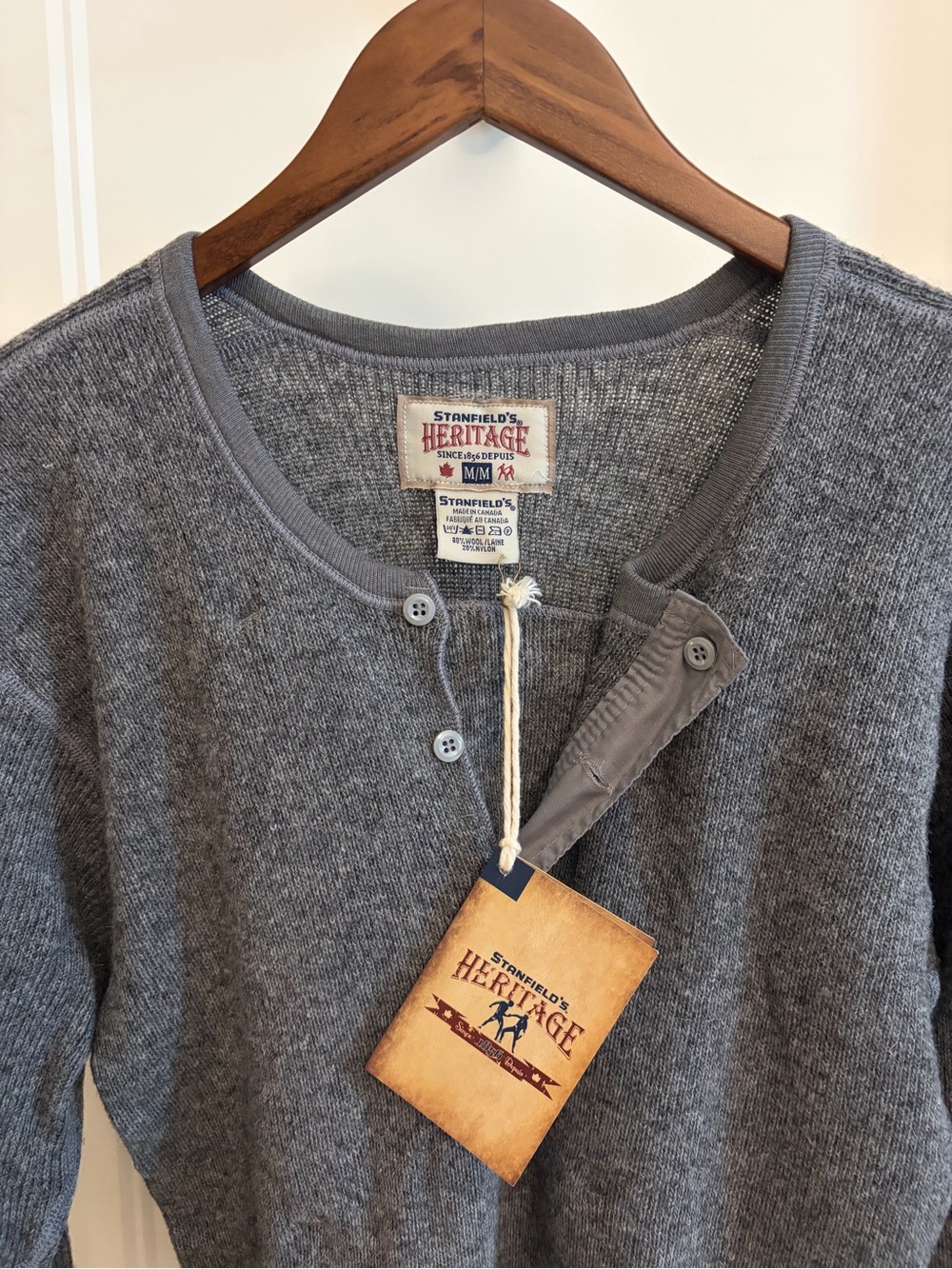 Stanfield Heritage Heavy Wool Henley long sleeve sweater. Men's - Gray